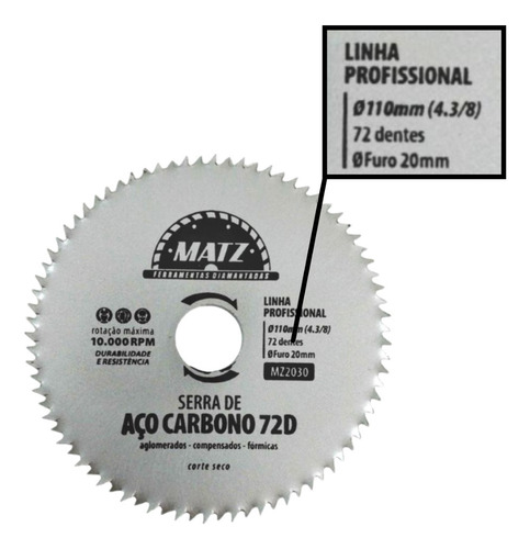 Kit 3 Disco Serra Aço P/ Madeira 72 Dentes 110mm X 20mm Matz