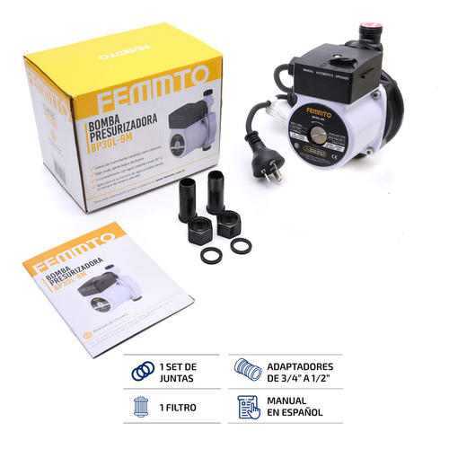Bomba Presurizadora Centrifuga Femmto Elevadora Altura Presion 9 Metros Agua Negro Bp30l-9m Automatico O Manual 100w 2 Baños