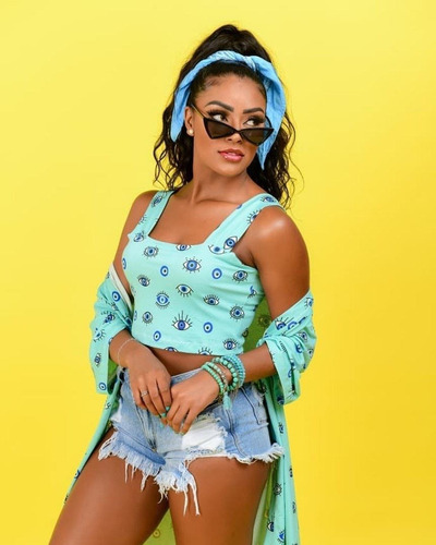 Conjunto Feminino Kimono E Cropped Estampado Olho Grego