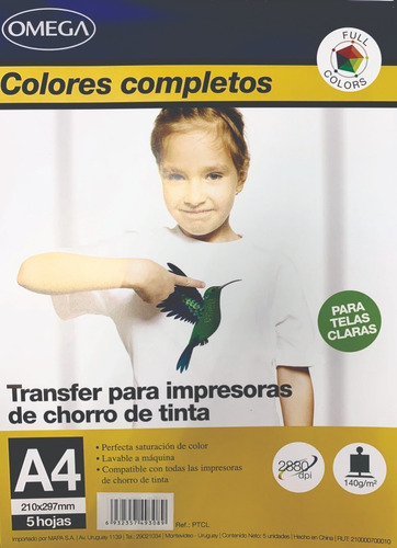 Papel Transfer - 5 Hojas - Colores Claros