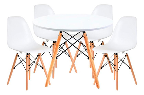 Juego Comedor Eames Mesa Redonda 80cm + 4 Sillas Eames Color Blanco Diseño de la tela de las sillas Liso