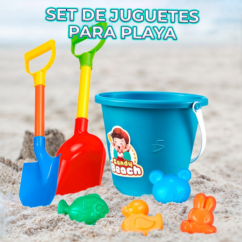 Set Juguetes Playa Arena Cubeta Pala Moldes Animales 6pzs