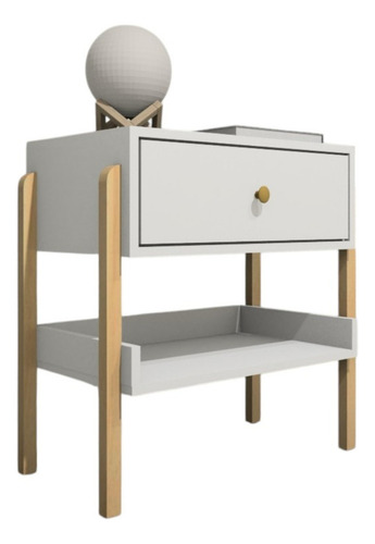 Mesa De Cabeceira Em Mdf Pés Pinus Com 1 Gaveta E Prateleira Acabamento Fosco Cor Branco TX