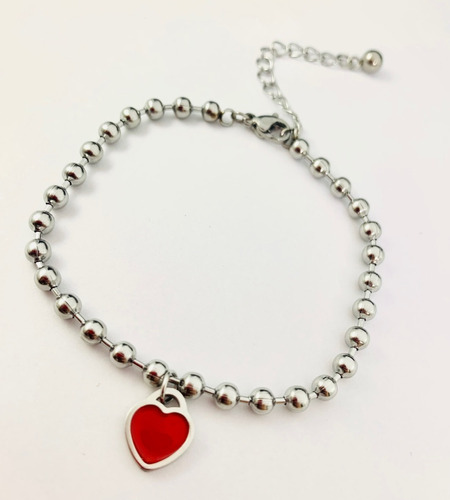 Pulsera Bolitas Cuentas Con Corazon Rojo Acero Quirúrgico 