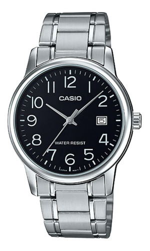 Reloj Casio Mtpv002 Hombre Acero Negro Fechador Correa Plateado Bisel Plateado Fondo Negro MTP-V002D-1B