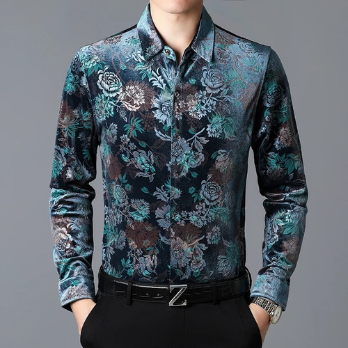 Camisetas Masculinas Com Flores E Veludo Dourado, Manga Comp