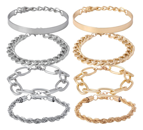 Juego De 8 Pulseras De Cadena De Oro Y Plata Para Mujer, Pul