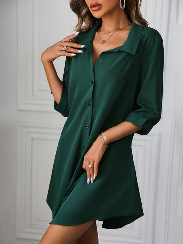 Vestido Camisa De Con Cuello De Solapa Y Mangas Enrolladas