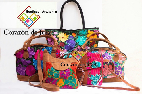 5 Bolsas De Gamuza Con Telar Bordadas De Flores Artesanales 