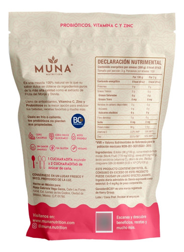 Muna Monk Fruit Con Probióticos Endulzante Fruta Del Monje