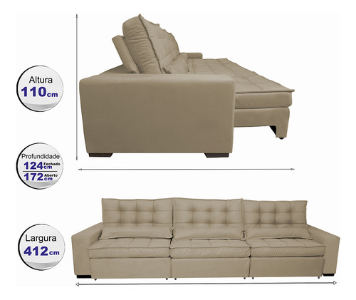 Sofá Retrátil e Reclinável 4,12m com Molas Ensacadas Cama Inbox Gold Tecido Suede Velusoft Castor
