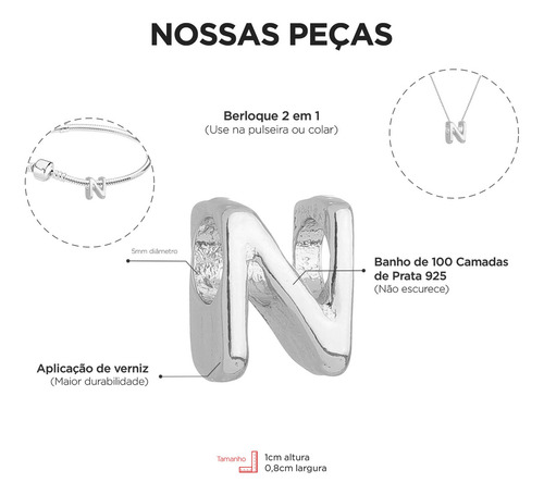 Berloque Letra N Separador Banhado A Prata 925