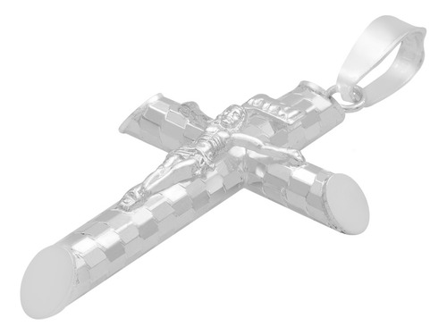 Dije Cruz Tubular Diamantado Ajedrez Cristo Plata 925 4.5 Cm Plateado