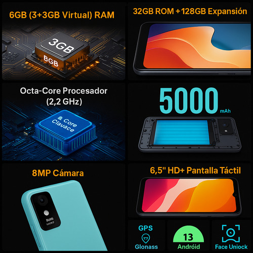 Smartphone Cloud C8 32gb 6gb Ram (3+3) Android 13 Batería 5000mah Libre Regalo Audífonos Bluetooth Gratis Promocion Celular Barato Negro