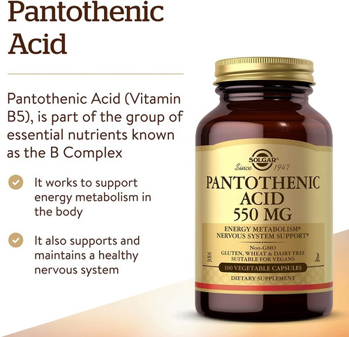 Vitamina B5 Acido Pantoténico 550 Mg Solgar 100 Capsulas