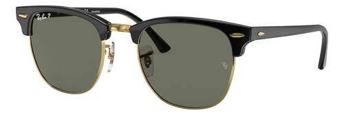 Óculos de sol polarizados Ray-Ban Clubmaster Classic Large armação de acetato cor polished black, lente green de cristal clássica, haste polished black de acetato - RB3016