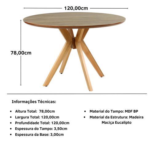Mesa De Jantar Redonda 120cm Marci Premium - Cor Natural