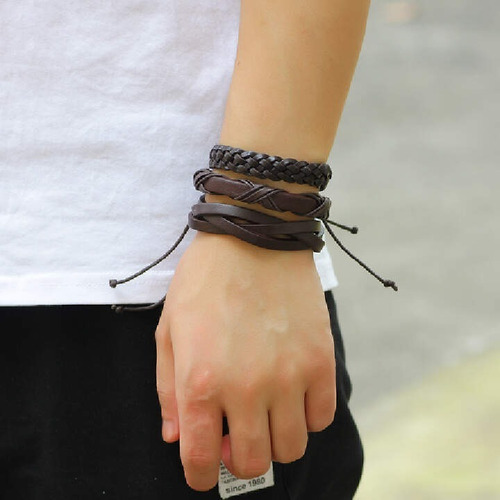Imagen 3 de 6 de Conjunto Pulsera Brazalete Hombre Moda Soga Cuero 6 En 1