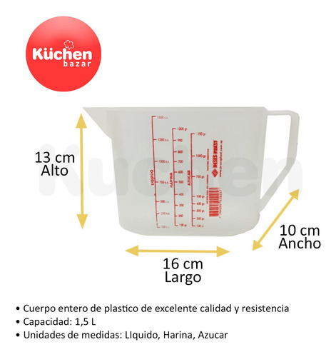 Imagen 2 de 9 de Jarro Medidora De Plástico Con Manija 1,5 L Cuotas