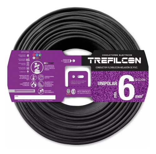 Cable Unipolar 6mm Normalizado Negro Rollo X 50 Mts