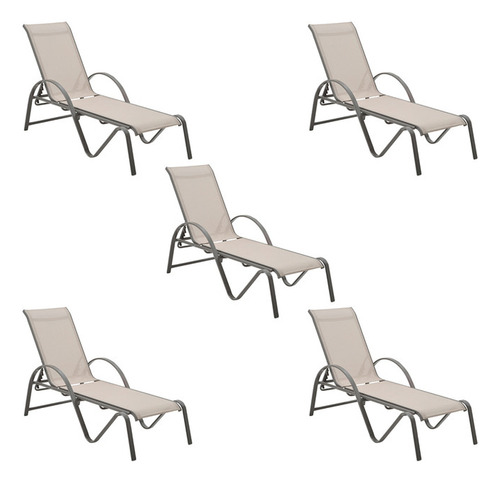 Kit 5 Chaise Búzios Amêndoa Alumínio Tela Bege