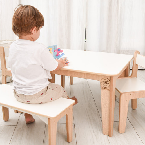 Mesa, Bancos Y Sillas Para Niños De Madera- Infantil - Meeko Madera Y Blanco