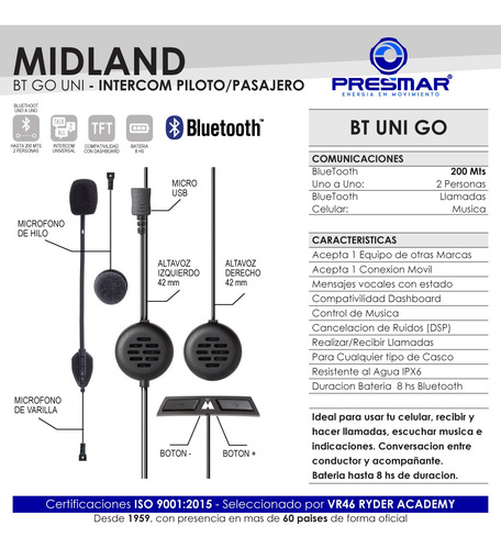 Imagen 3 de 9 de Auriculares Bluetooth Moto Midland Bt Go Uni Celu Musica