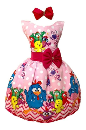 Vestido Verão Infantil Temático Galinha Cantora Rosa +brinde