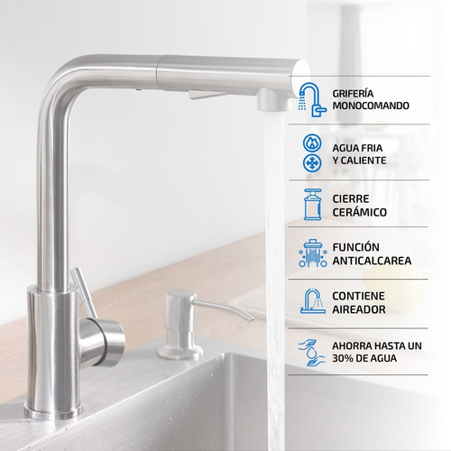 Imagen 2 de 10 de Griferia Para Cocina Monocomando Extensible Canilla De Acero