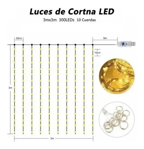 Imagen 2 de 7 de Cortina Led Luces Decorativas 3x3m Navidad Tira Luz Led 2pzs
