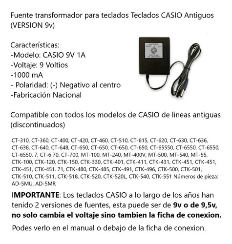 Imagen 2 de 6 de Fuente Transformador Casio 9v Lineas Antiguas Ct Ctk