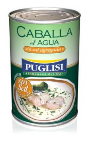 Imagen 1 de 7 de Caballa Al Agua Sin Sal Puglisi Lata 380 Grs X 6 Unidades