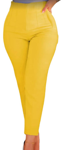 Pantalon De Vestir Mujer Skinny Dama Cintura Alta Amarillo 