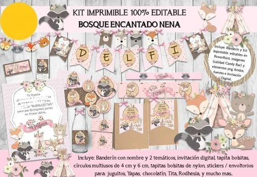 Kit Imprimible Animales Encantado Rosa Cumpleaños Candy Bar