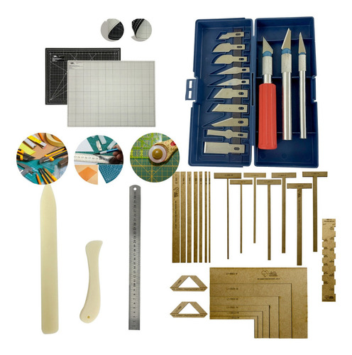 Kit Base De Corte A2 Cartonagem Scrapbook Estilete Régua 60 Cor Base Para Cortar Preta E Cinza