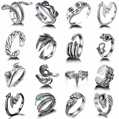 16 Anillos Gotico Acero, Ajustable Ojo Dragon Serpiente