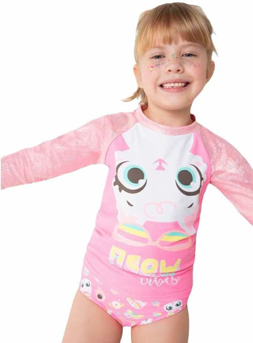 Conjunto Puket Infantil Camiseta E Calcinha Uv50 Gata Meow