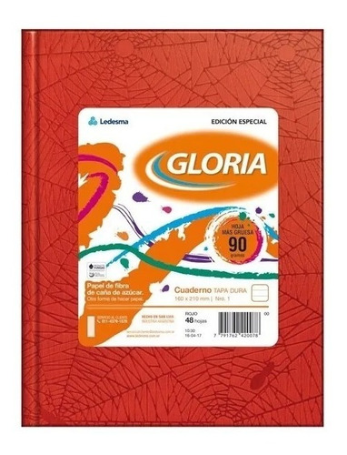 Cuaderno Gloria Tapa Dura N3 48 Hojas Cuadriculadas Rojo