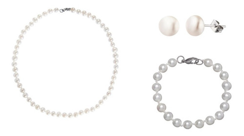 Juego Collar Aretes Pulsera Perlas Naturales Blanco Plata925