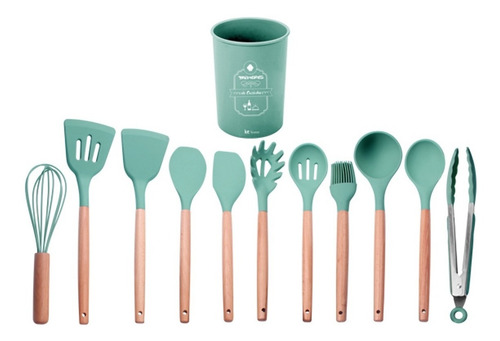 Jogo De Utensílios Cozinha De Silicone Cabo Madeira 12 Peças