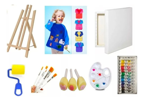 Kit De Arte Para Niños Set Para Pintar Atril Bastidor 10 Pcs