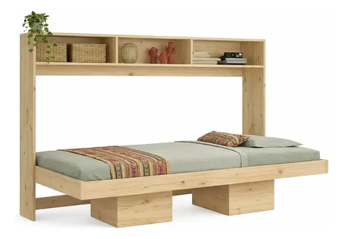 Cama Funcional Matrimonial Abatible Horizontal Repisas Natural Abatis ...