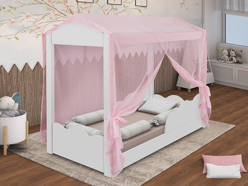 Cama Infantil Montessoriana Casinha Nuvem Com Voal Rosa