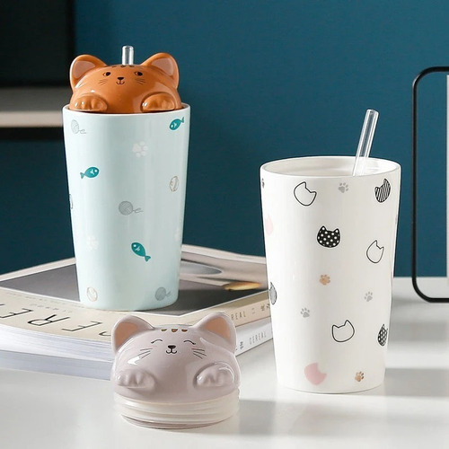 Imagen 8 de 9 de Un Mug Taza Tazón Gatito Kawaii Con Bombilla