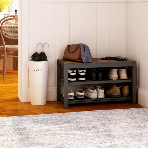 Mu:4life Set De 2 En 1 Bancos Zapateras Metálica Y Tabla Mdf Color Atigrado