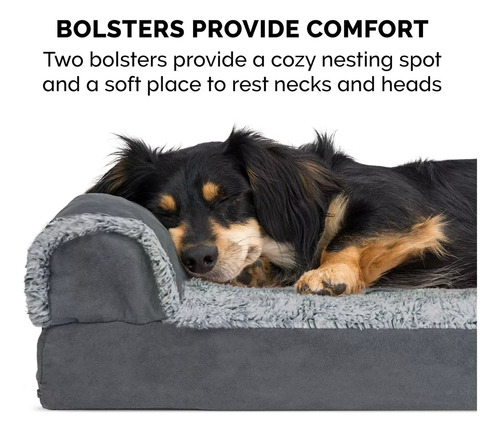 Cama De Espuma Con Memoria Para Perros Grandes 101x81 Cm Con Almohadones Removibles Y Funda Lavable, Para Perros De Hasta 95 Libras - Dos Tonos De Felpa De Piel Sintética Y Gamuza En Forma De L - Gris