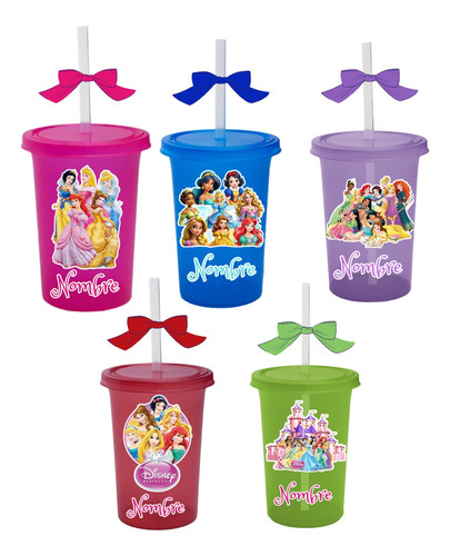 100 Vasos Princesas 500ml Reutilizables Con Popote