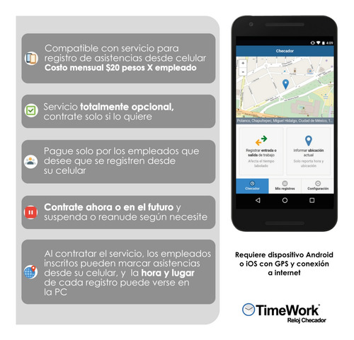 Timework Reloj Checador Biométrico, Usb Y Red, App Opcional Negro