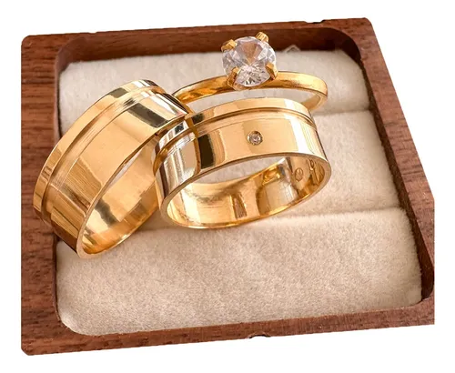 Par Alianças De Casamento Ouro 18k 5mm Pedra + Anel Noivado