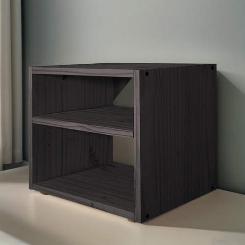 Mesa De Luz Flotante Cubo Dos Estantes Moderna Maciza Sajo Color Negro